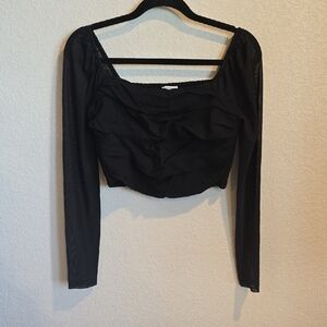 American Eagle Black Smocked Long Mesh Sleeve Crop Top Size Medium